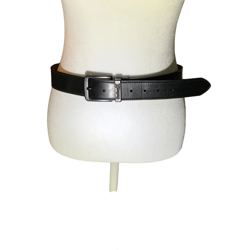 Hurley Reversible Black/Brown Leather Belt Logo Black Buckle 34